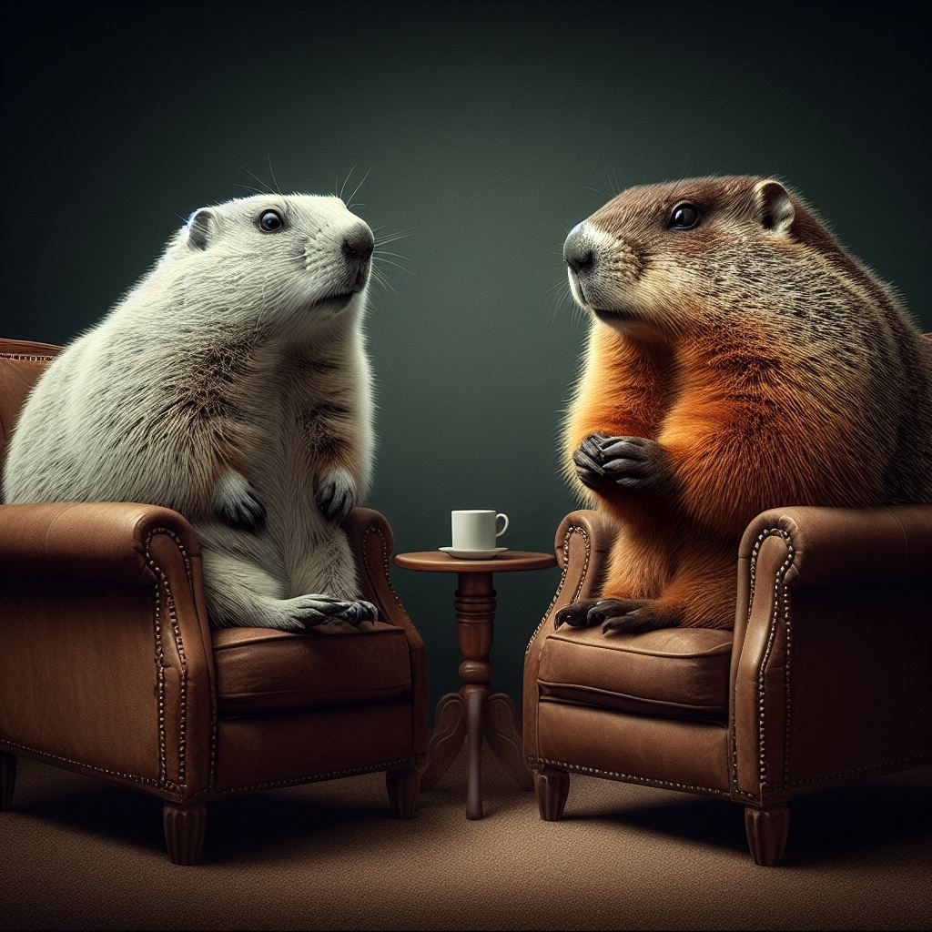 Imagen de dos marmotas sentadas en sendos sillones, debatiendo con expresión seria. Entre los sillones hay una mesita pequeña con una taza de café.