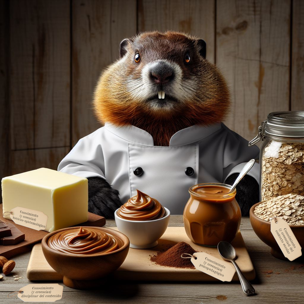 imagen realista de una marmota con mirada malvada y vestida de cocinera frente a una mesa de madera, sobre la cual se observan recipientes con manteca, dulce de leche, avena extrafina y cacao. Junto a los ingredientes hay sendas etiquetas en las que se leen las siguientes frases: "Conocimiento (y creencias) disciplinar del contenido", "Conocimiento (y creencias) psicopedagógico", "Conocimiento (y creencias) histórico-epistemológico" y "Conocimiento (y creencias) del contexto escolar".
