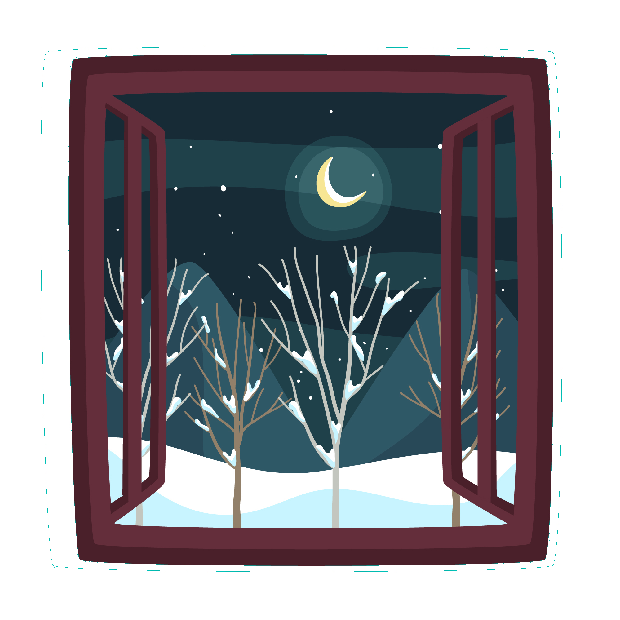 Imagen de una ventana abierta, a través de la cual se observa el paisaje de una fría noche invernal